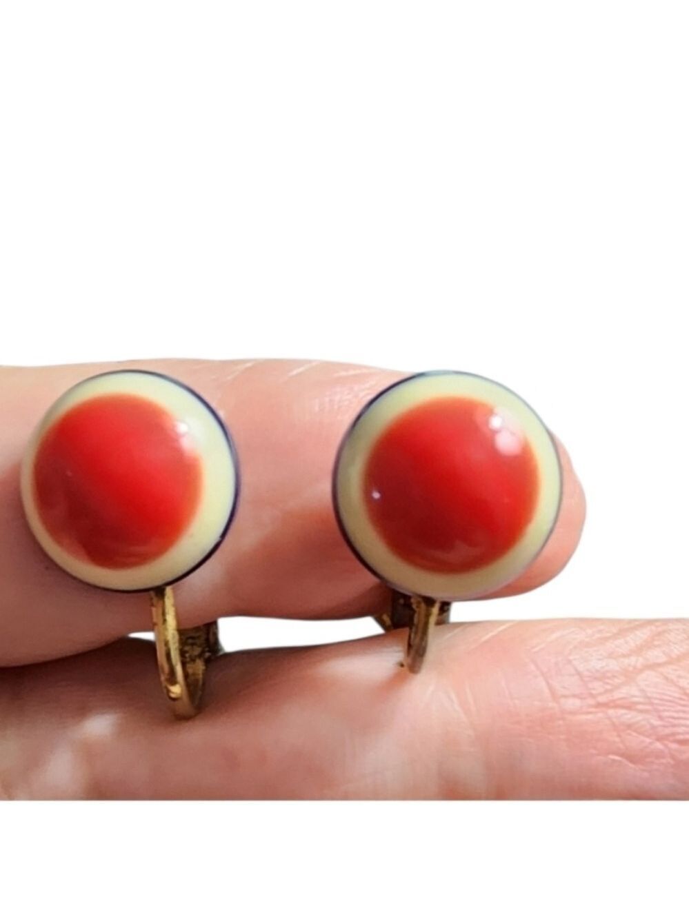 Vintage Red and Cream Clip-On Earrings